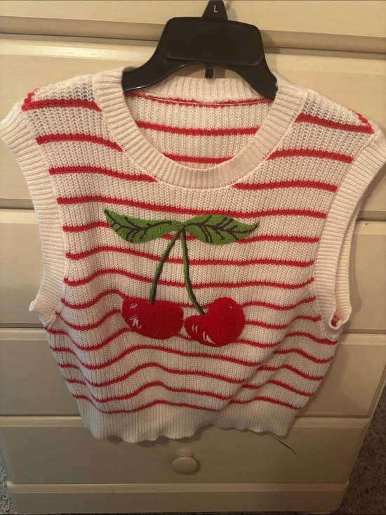 Sweaters - Women Striped Knit Cherry Appliqué Sweater Vest - White & Red